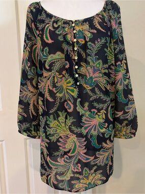 Chaps Floral Paisley 3/4 sleeves  Peasant Top - Navy blue / Multi Size  1X NWT